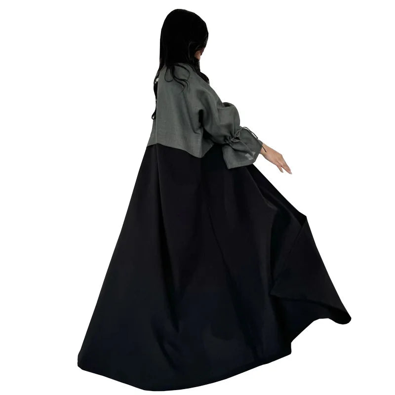 Fashionable Spliced Muslim Abaya with Corduroy Sleeve Opening High Density Ice Silk Dubai Turkey Robe for Middle East Muslims