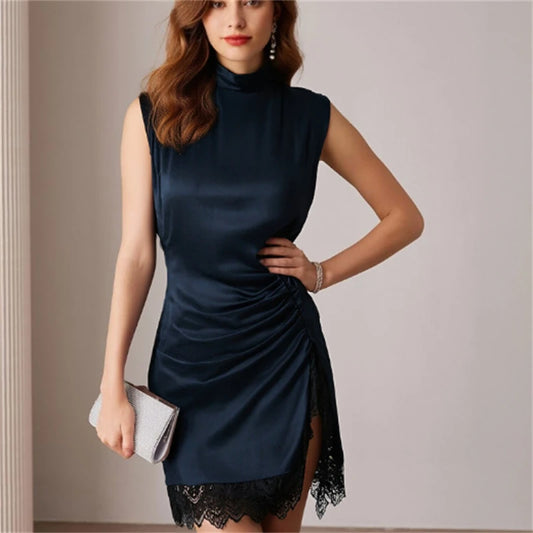 High-Street Chic Women's Lace Patchwork Silk-Satin Feel Mini Dress – 2025 Autumn/Winter New Collection