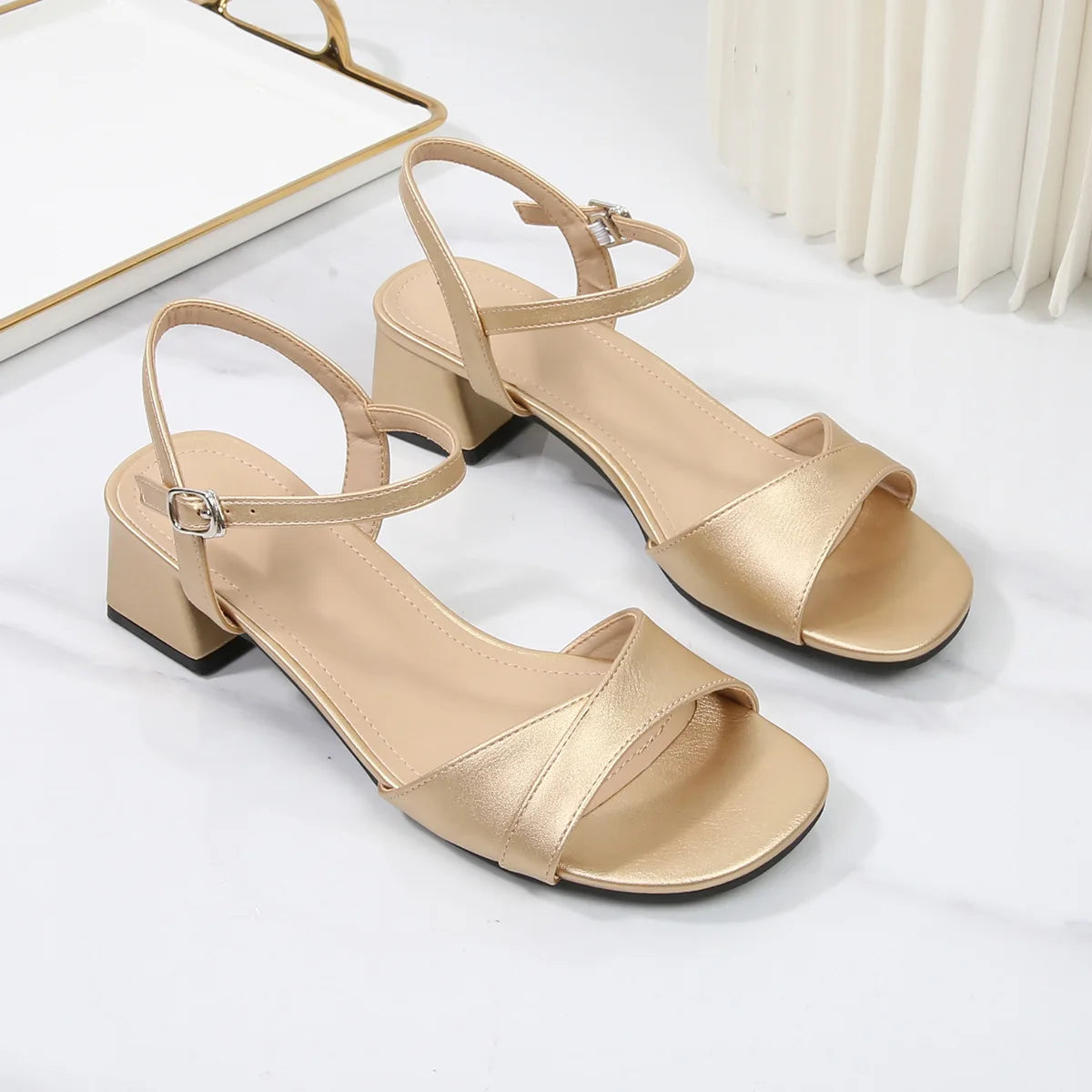 Sandals for Women 2026 Summer Soft Leather Plus Size Thick Heel Straight Buckle Strap High-heeled Sandals Women's Heels Women