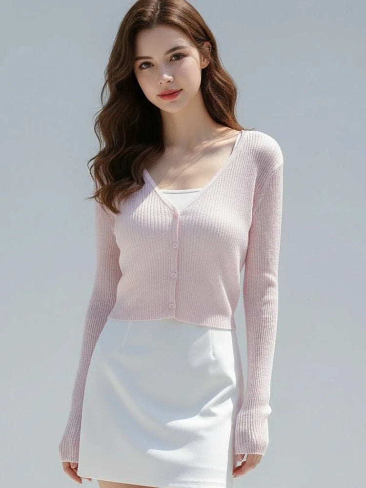 Korean Women Cardigan Summer Thin Casual Solid Feminino Sun-proof All-match Knitted V-neck Sweet Style Candy Color Basic Daily