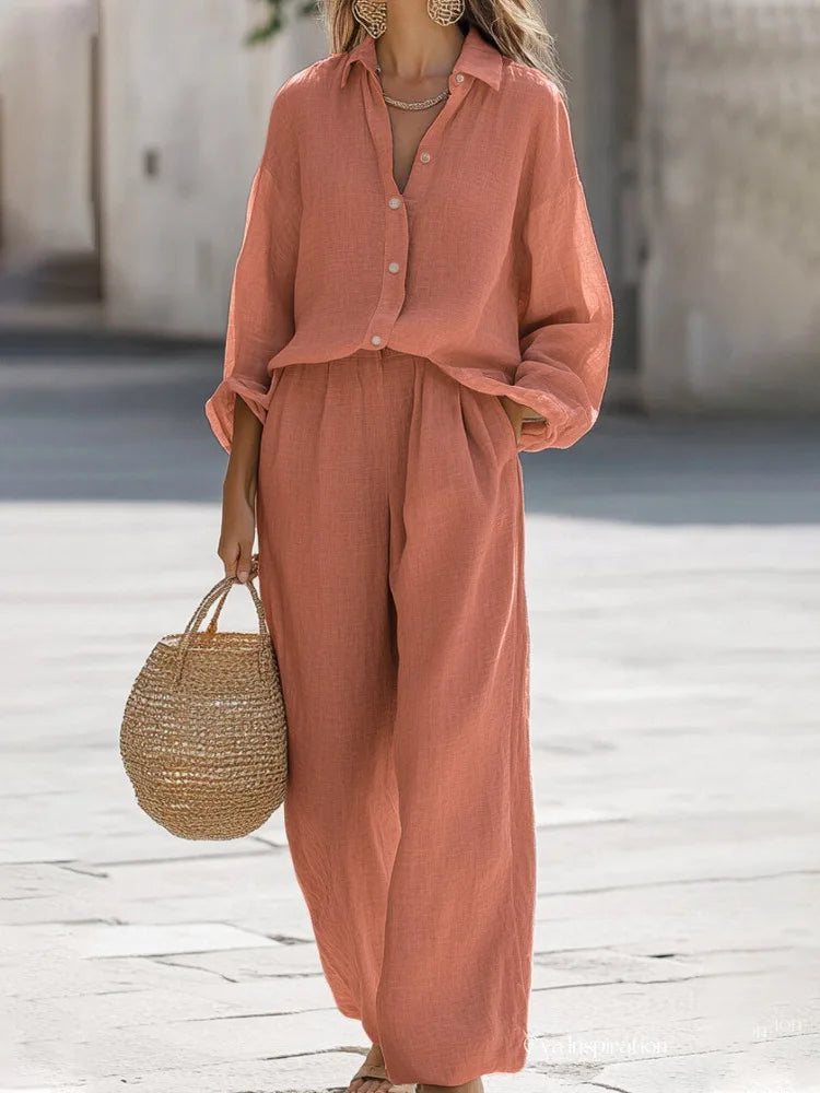 Simple Cotton Linen Women's Suits Summer Fashion Long Sleeve Loose Blouse Wide Leg Pants Two Piece Set For Women Casual Outfits