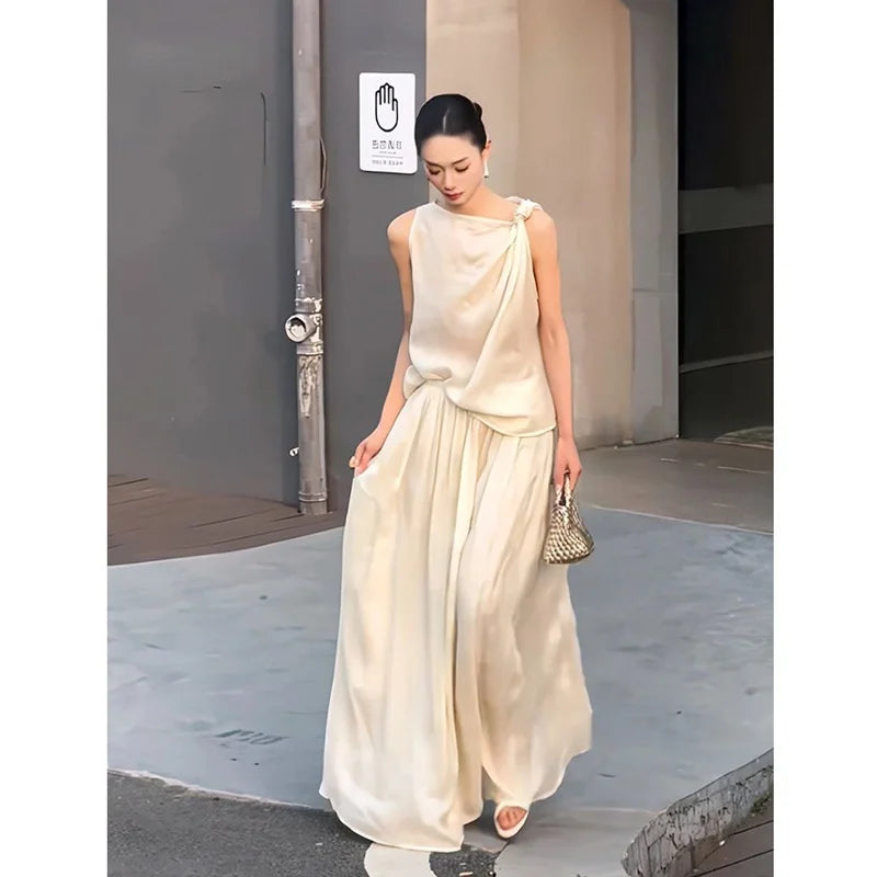 Summer 2025 Women's Knot Neckline Sleeveless Vest And Skirt Set Casual Stylish Half Body Fashion Ensemble Long Pants