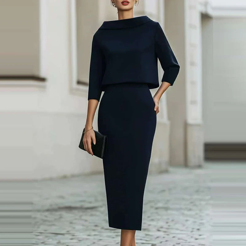 Fashion O-neck Long Sleeve Tops Skirts Matching Sets Elegant Solid Slim Half Skirts Sets Temperament Simple Wrap Hips Skirts Set