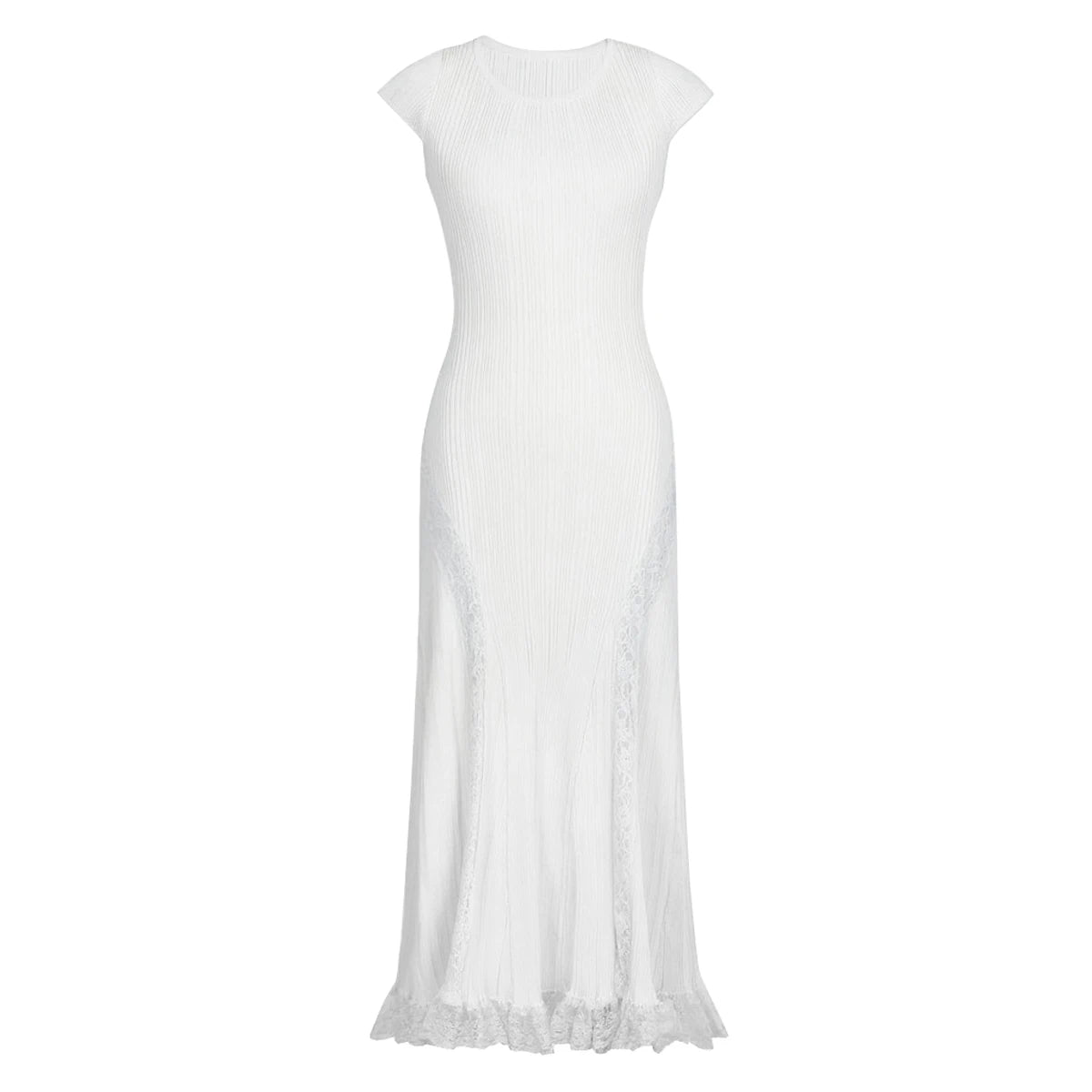 High Quality Summer New Fashionable Elastic Knitted Solid Color Short Sleeved Dress With Lace Edge Slimming Women's Dress