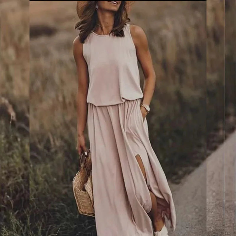Women's Summer Sleeveless Maxi Dresses 2026 New Arrival Solid Color Casual Long Dress with Side Slit Dress for Ladies ﻿