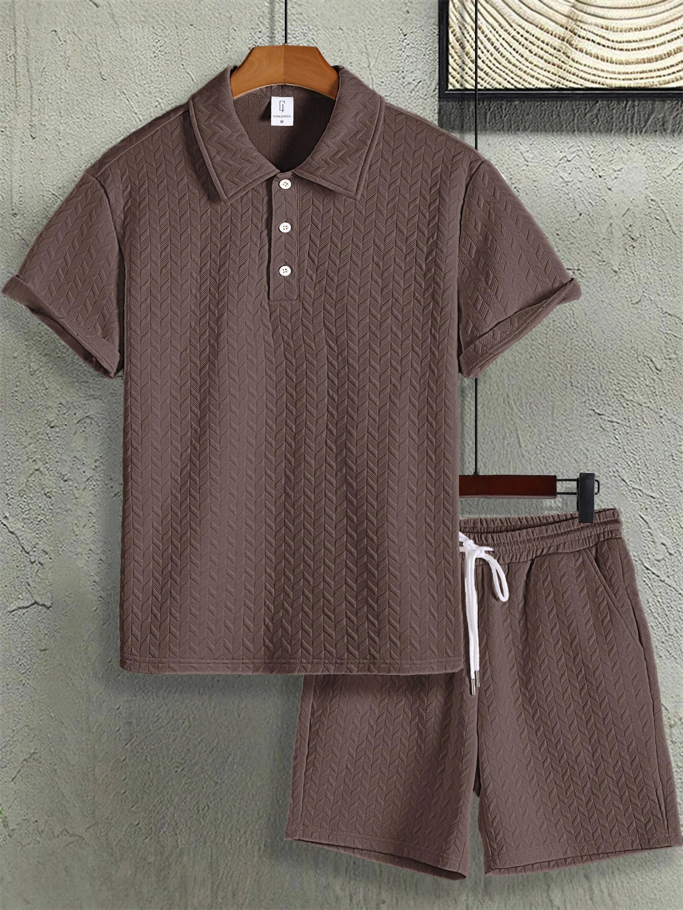Men's Minimal Textured Set, Solid Color Jacquard Polo Shirt & Matching Shorts for Smart Casual Wear