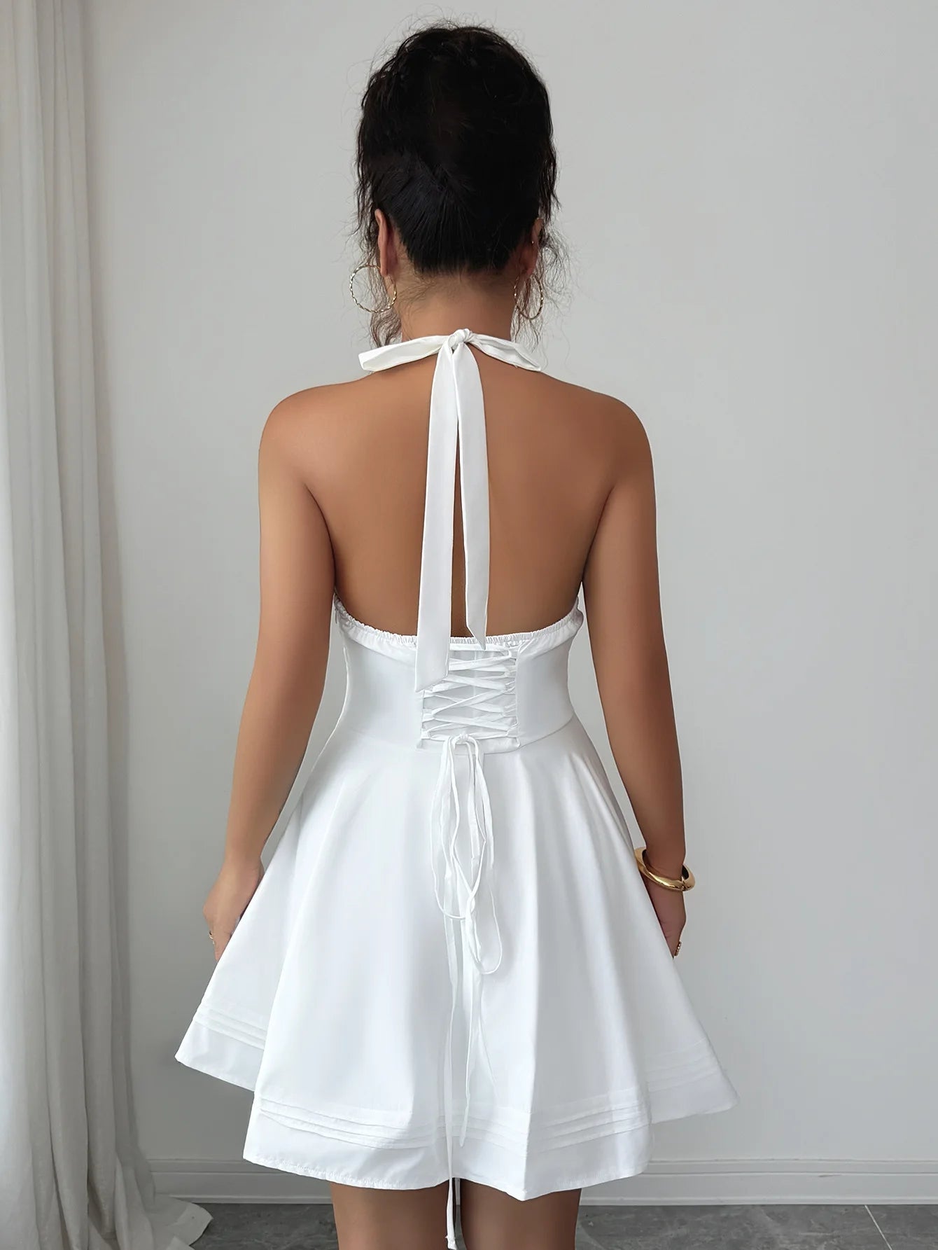Women's Dress White Halter Neck Mini Dress Deep V Neck Corset Waist Flare Skirt Formal Evening Party Cocktail Bridal Gown
