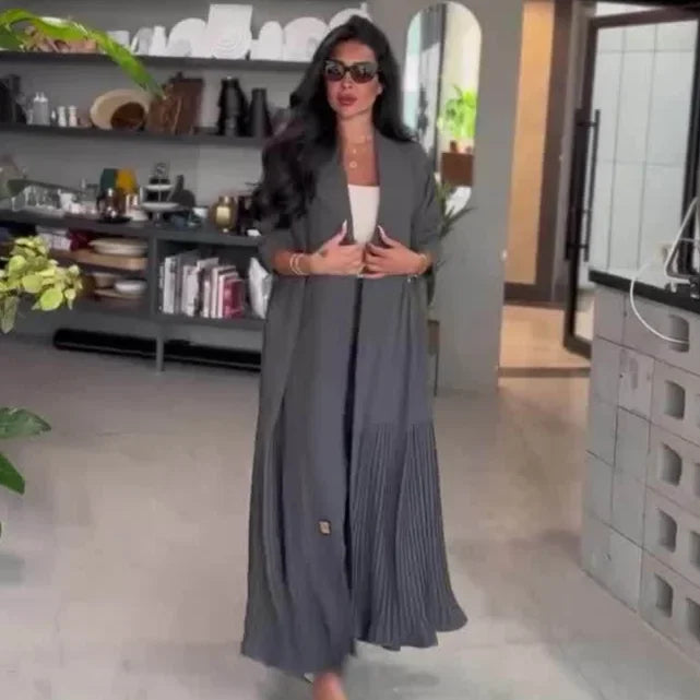 Muslim 2 Piece Set Women Long Coat Windbreaker Wide Leg Pants