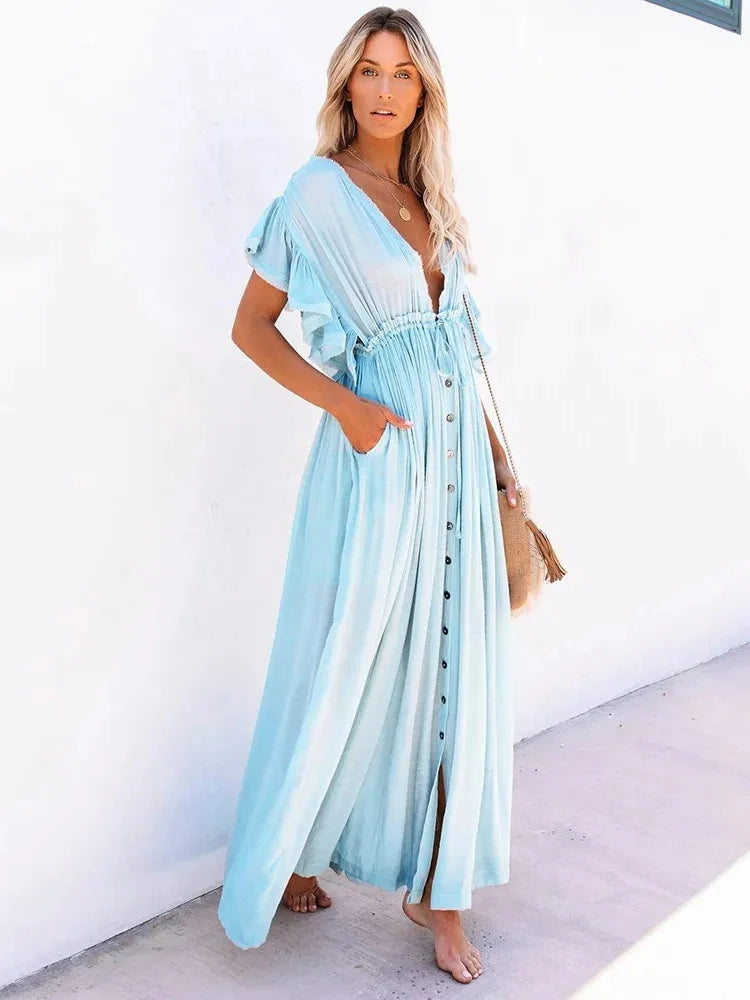 Sexy Bikini Cover-ups Deep V Neck Long White Tunic Casual Summer Beach Dress Elegant Women Clothes Beach Wear Swim Suit Cover Up