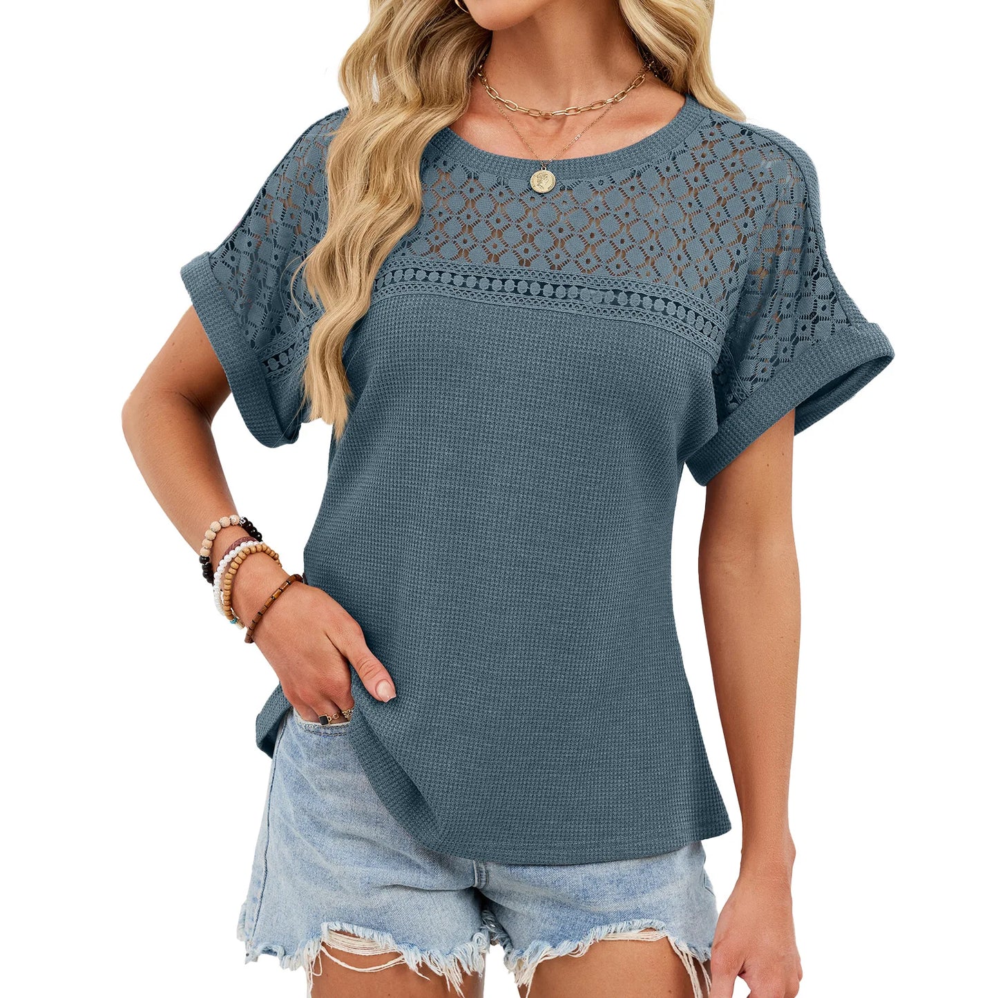 2026 Summer Elegant Lace Hollow Out Waffle Knit T Shirt Crew Neck Short Sleeve Summer Smart Casual Tops Office Lady