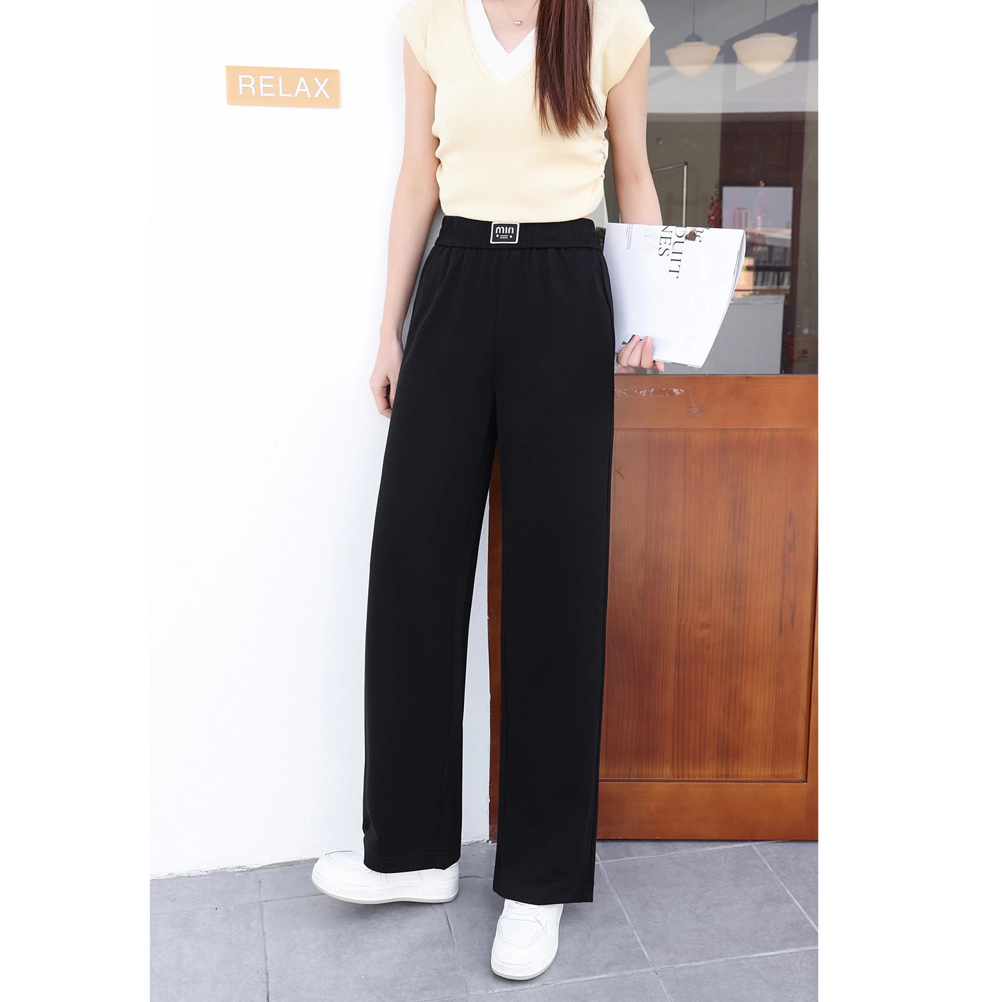 2026 New Women's Loose Straight Leg Pants in Apricot Color, Elastic Waist Modal Casual Pants, Black Wide Leg Pants