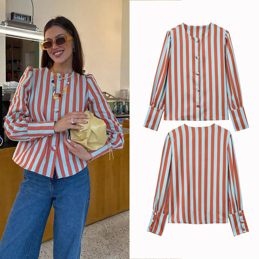 Women Striped Jacket Coat 2026 Autumn Female Chic Women's Fit Shirt O-neck Puff Sleeve Single Breasted Outwear Coats