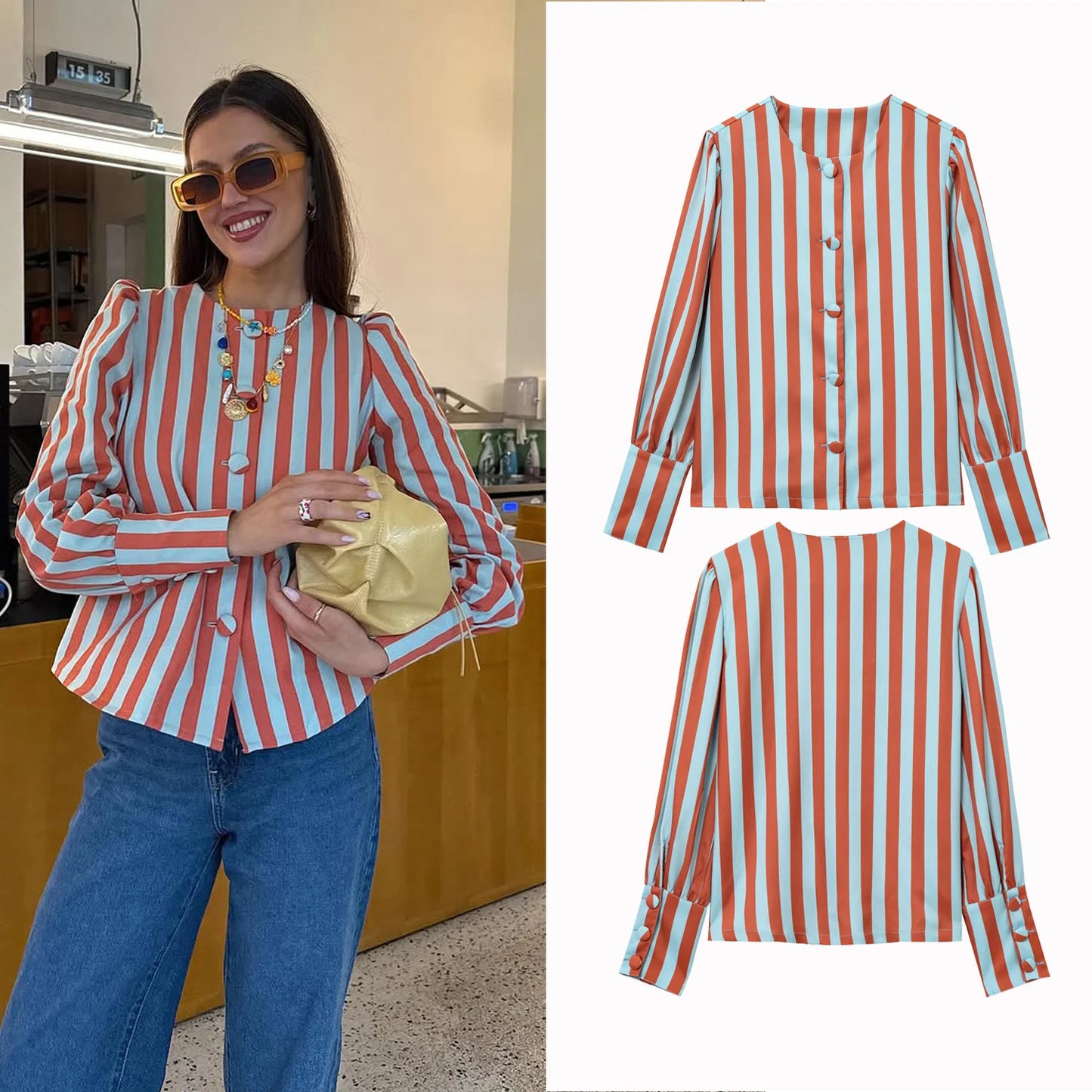 Women Striped Jacket Coat 2026 Autumn Female Chic Women's Fit Shirt O-neck Puff Sleeve Single Breasted Outwear Coats