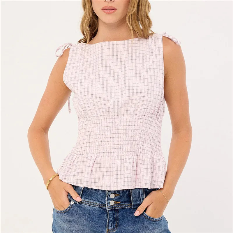 Women Summer Gingham Tie Shoulder Tank Top Y2k Vintage Sleeveless Shirred Ruffle Babydoll Shirt Cute Going Out Plaid Top
