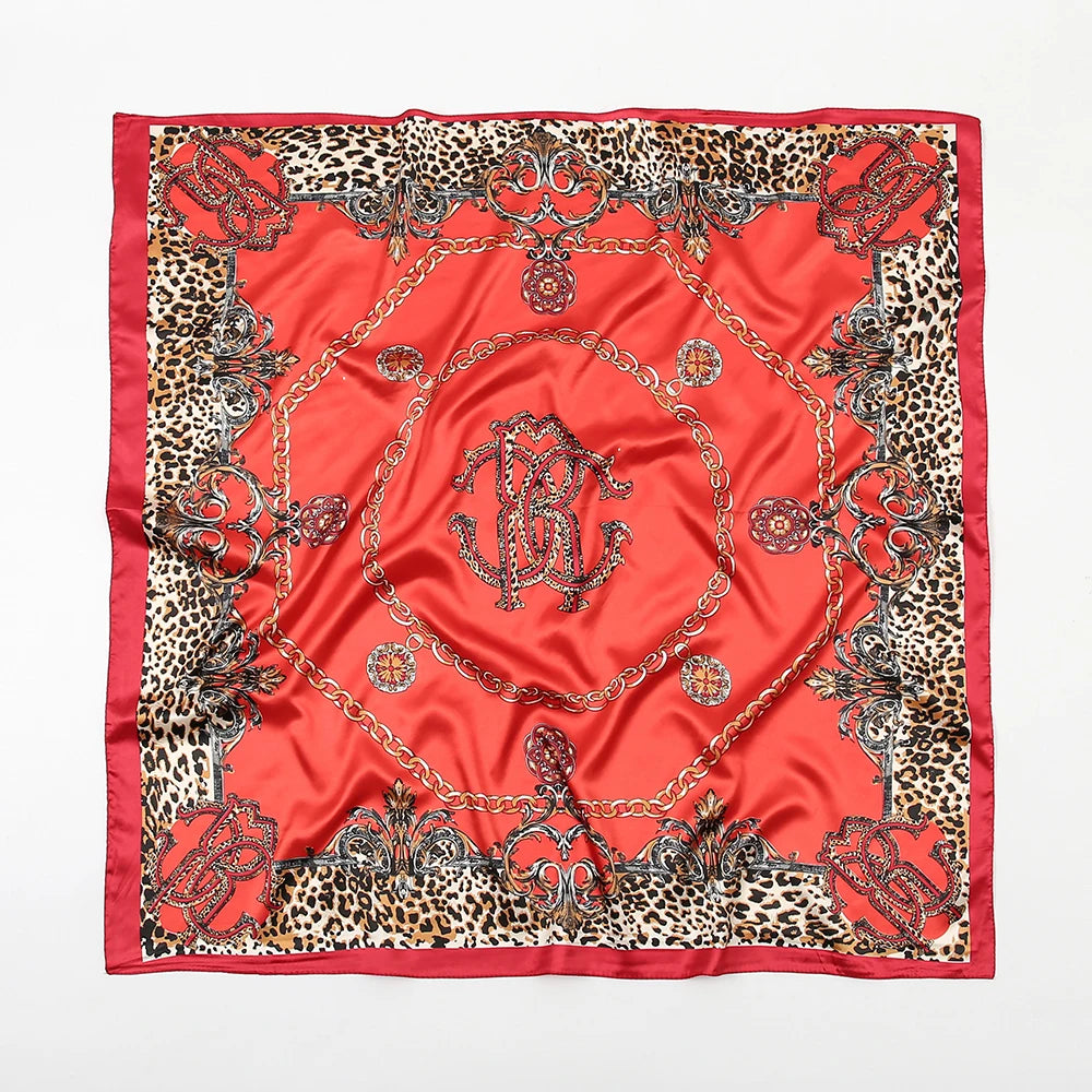 90cm Leopard Print Square Scarf Satin Silk Headband Muslim Woman Hijab Lady Fashion Hairwrap Rock Style Headscarf Islam Foulard