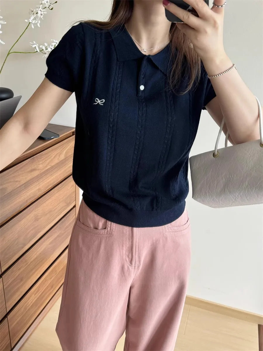 AOSSVIAO 2026 Summer New Korean Fashion Slim Polo shirt Knitted Short Sleeve T-shirt Sweet Bow Embroidered Knitted  Women Tops
