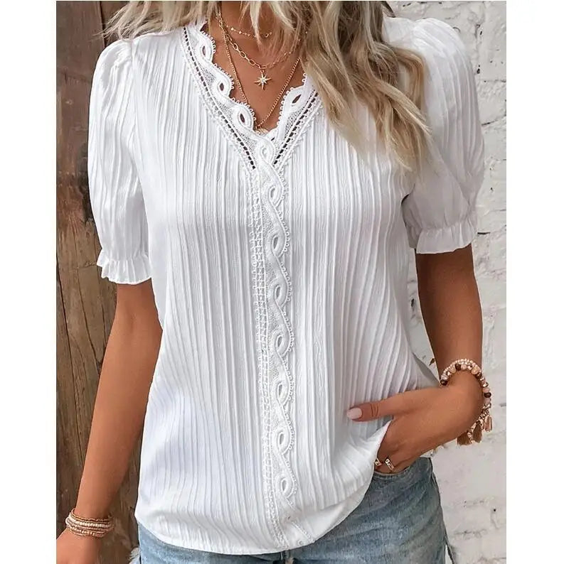 Top Solid Sexy V-Neck Hollow Short Sleeve Shirt Fashion Splice
