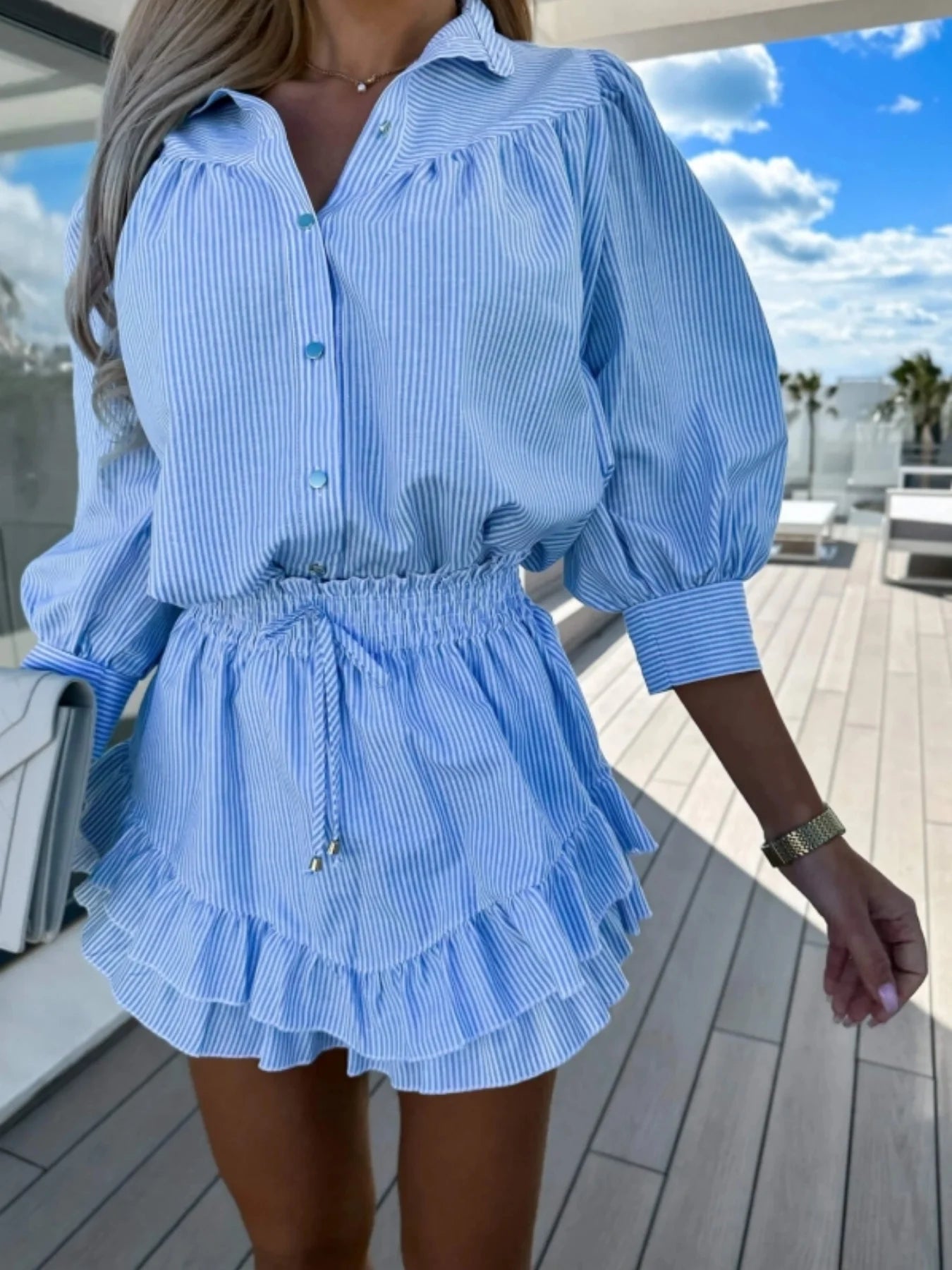 Elegant 2-Piece Ladies Fashion Striped Shirt And Shorts Set - Casual Comfortable Women's Clothing