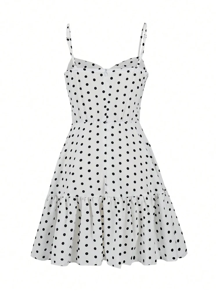 Polka Dot Print Halter Sleeveless Backless Cami Dress, Sexy Slim Fit Mini Dress, Summer Women's Fashion Outfit for Party Holiday