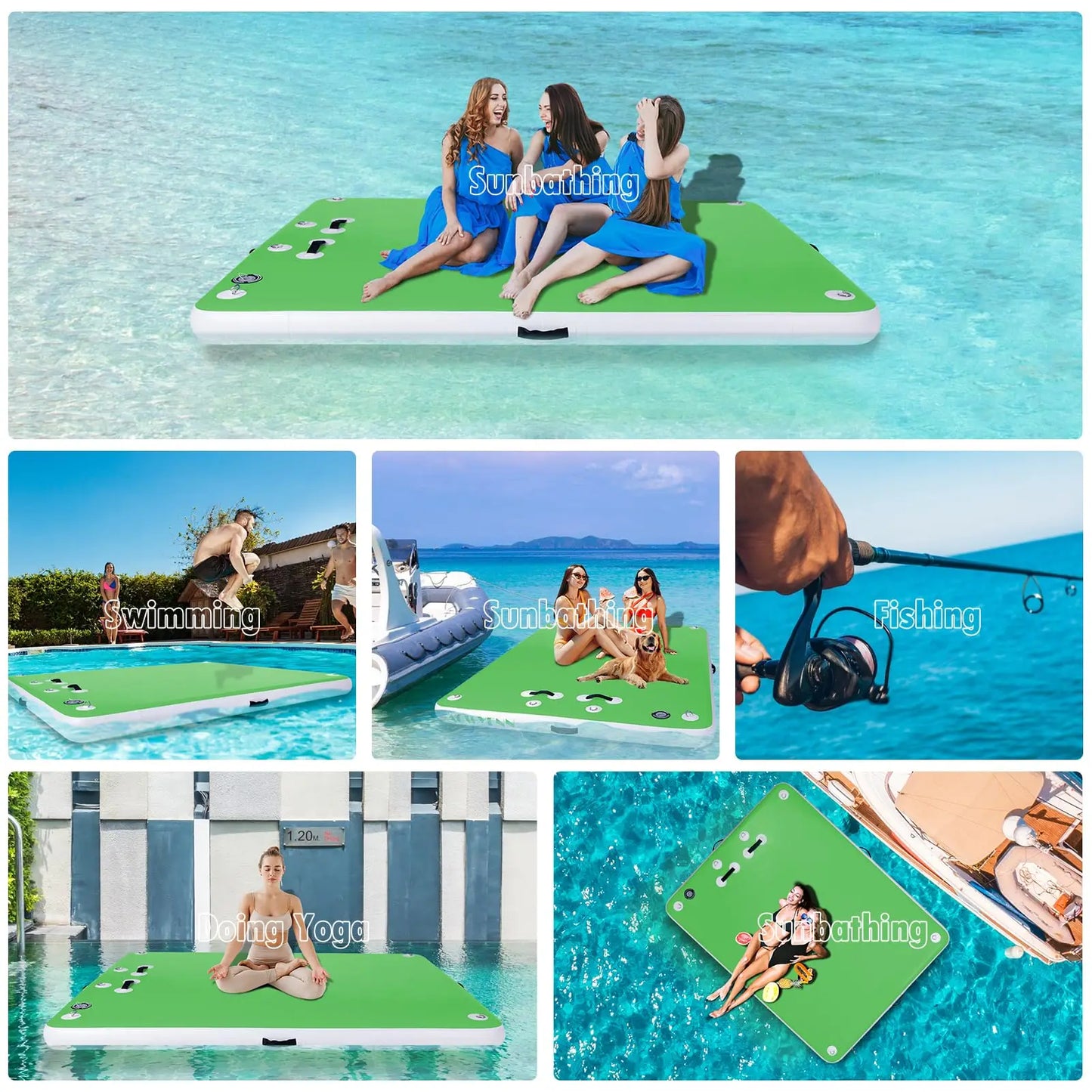 ACWYENN Inflatable Floating Dock for Lakes, Floating Island Raft for Pool Beach Ocean Boat (Green, 8 * 6 FT)