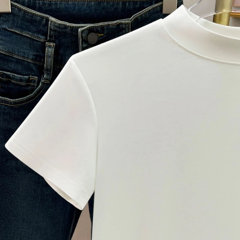 Casual Short Sleeve Women T-shirts Summer New Solid Color Slim Fit Elegant Basic Tees Top Shirts Half High Neck Simple Tshirt