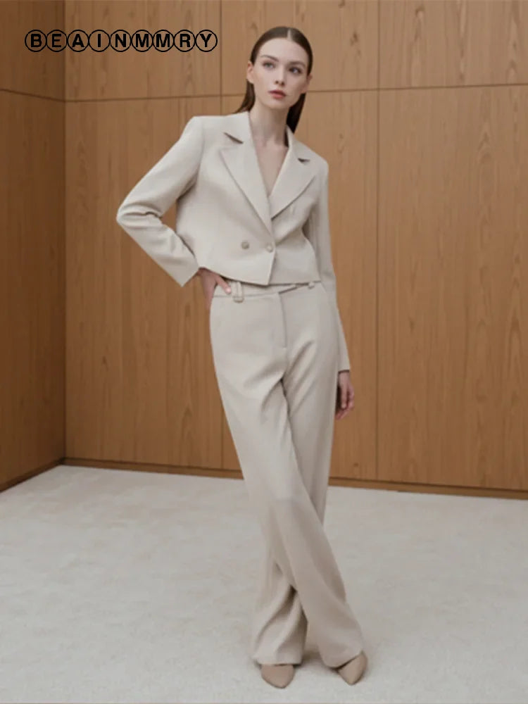 Casual Lady Luxury 2 Piece Set Lapel Long Sleeve Blazer+high Waist Elegant Zipper Straight Leg Pants 2026 Spring Party Outfit