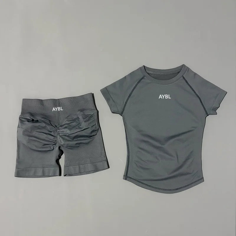 2 Pieces Sports Sets Short Sleeve Sculpt T Shirt Seamless Yoga Top Fitness Set Women
