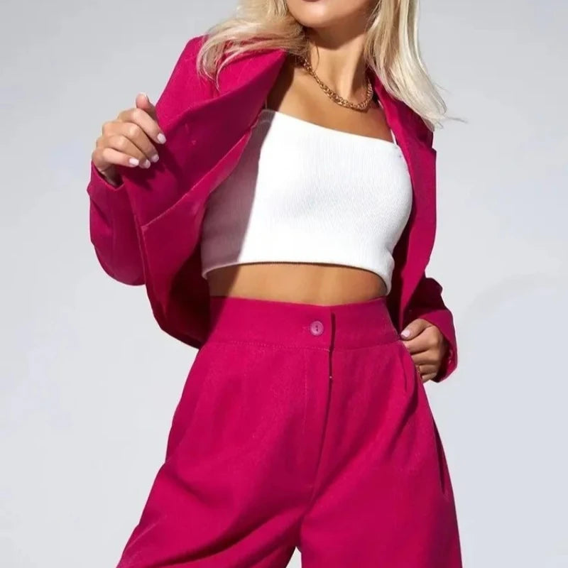 Casual Lapel Long Sleeve Short Blazer Jacket + High Waist Wide Leg Pants Two Piece Set