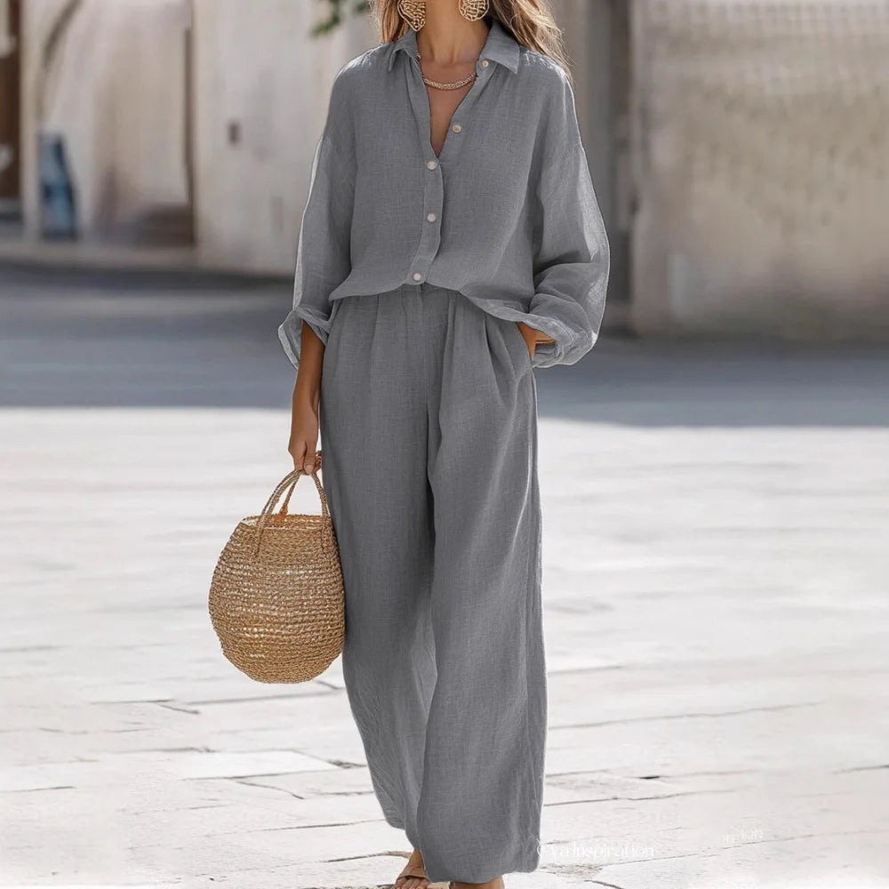 Simple Cotton Linen Women's Suits Summer Fashion Long Sleeve Loose Blouse Wide Leg Pants Two Piece Set For Women Casual Outfits