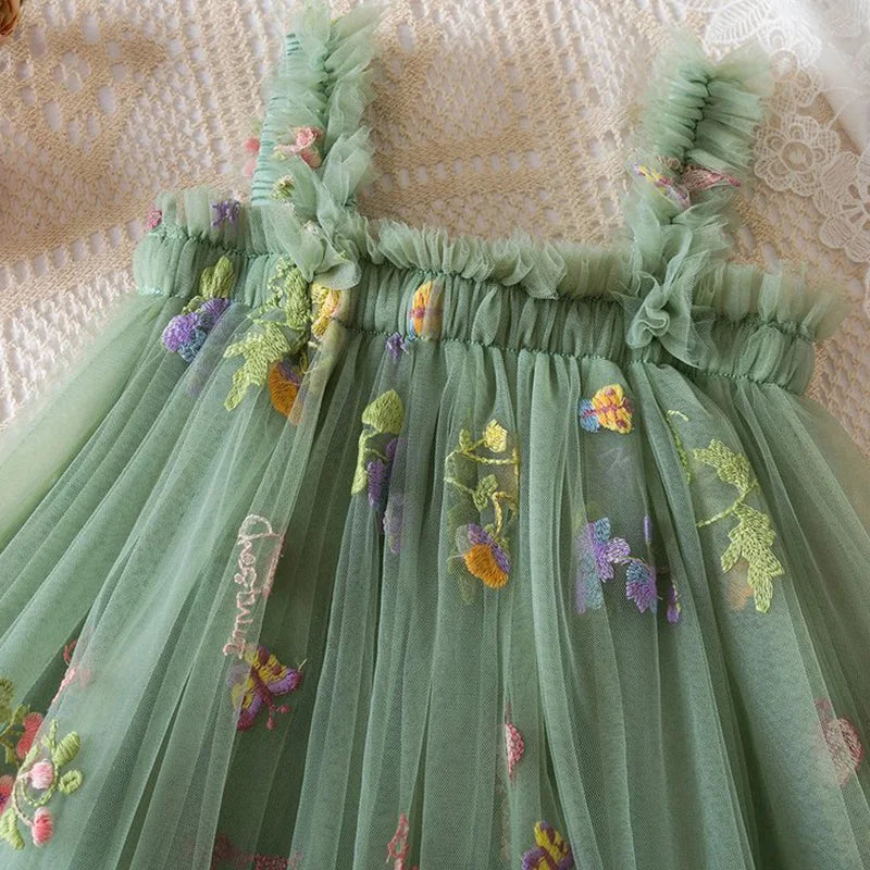 Summer New Sweet Girls' Little Sling Dress Children's Bow Floral Embroidery
