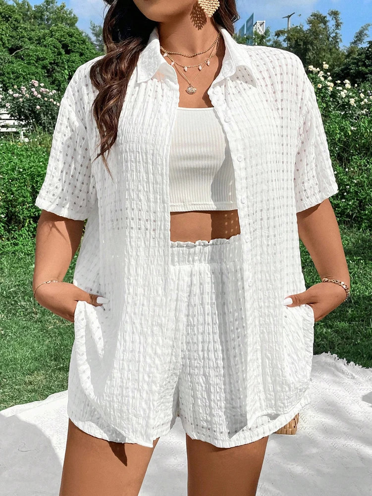 Women's Summer 2026 Pure Color Cutout Beach Knit Suit in Polyester