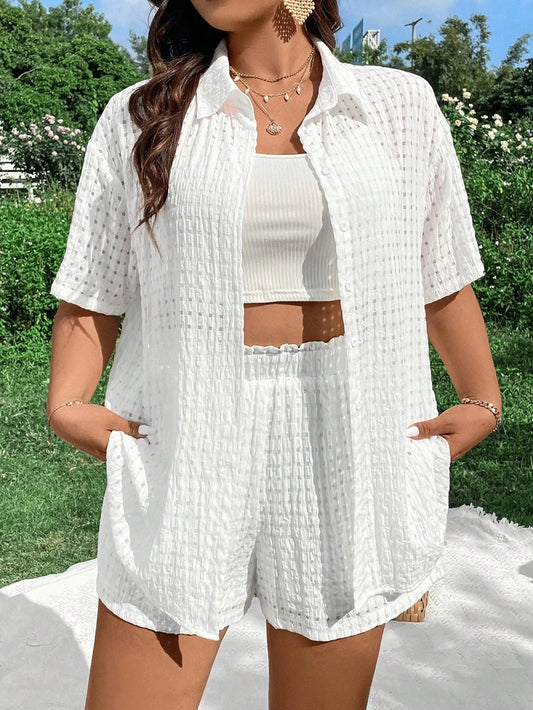 Women's Summer 2026 Pure Color Cutout Beach Knit Suit in Polyester