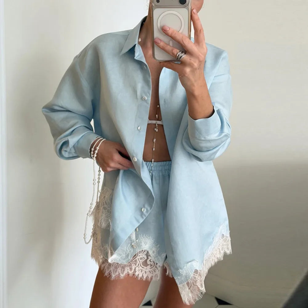 2026 New Summer Women's Lace Patchwork Shirt Shorts Two-piece