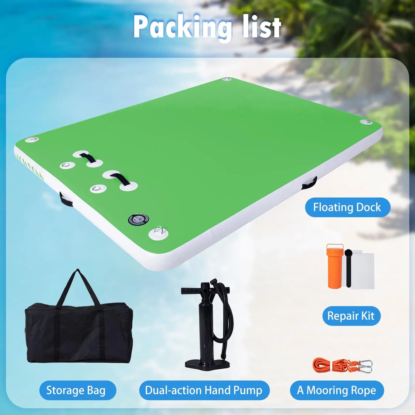 ACWYENN Inflatable Floating Dock for Lakes, Floating Island Raft for Pool Beach Ocean Boat (Green, 8 * 6 FT)
