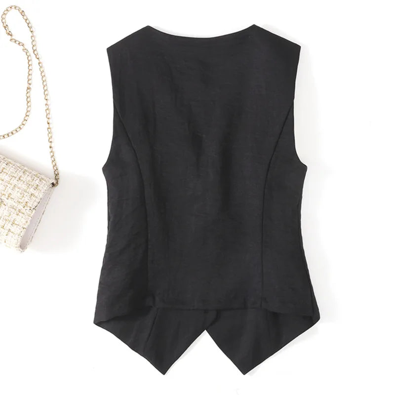 Summer solid color linen vest thin women's vest slim fit short sleeveless suit V-neck shoulder vest