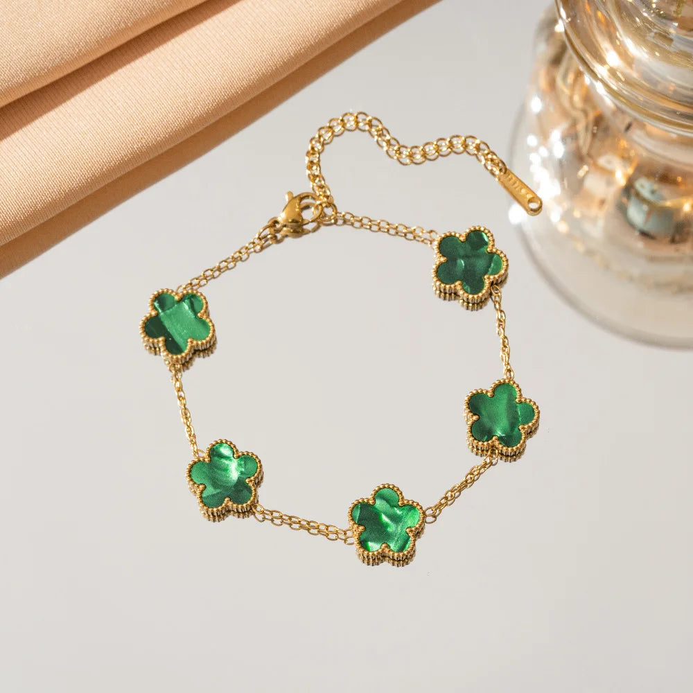 Double Sided Five-Leaf Flower Bracelet For Women Adjustable 18k Plated Gold Stainless Steel Five Point Star Clover Party Jewelry