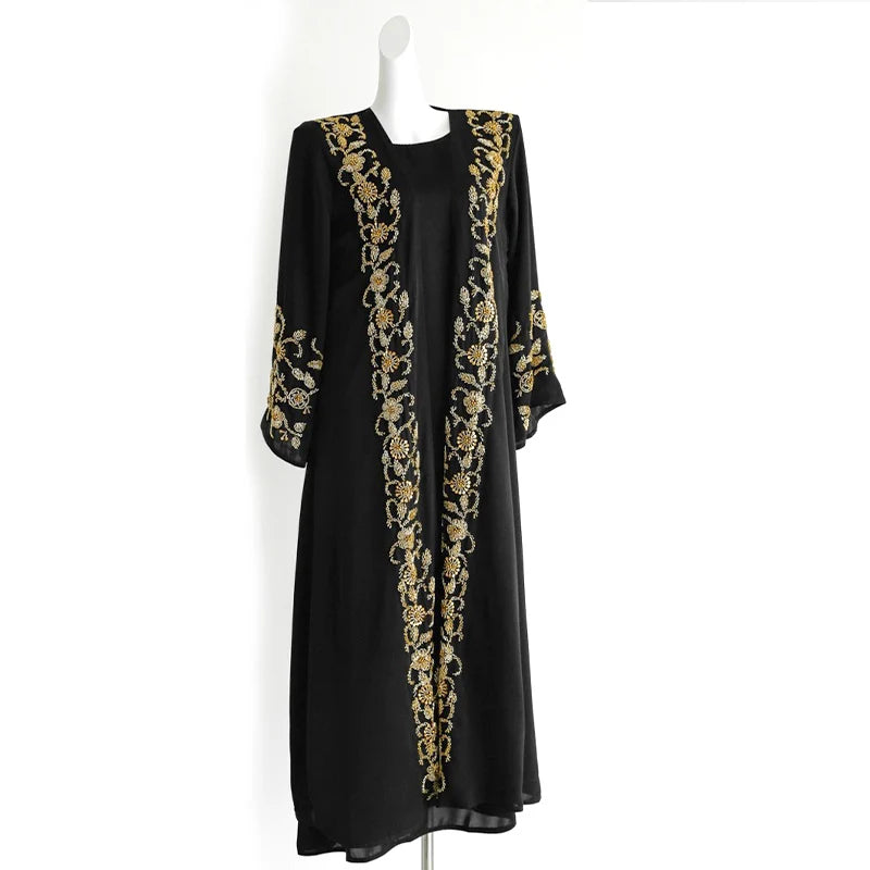 Abaya Eid Gold Embroidery Design Long Sleeve Dubai