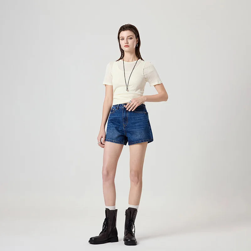 Blue A-Line Loose Fit Thin Denim Shorts Women's Summer Style High Waist Short Pants Casual Celebrity Fashion Jeans Cotton