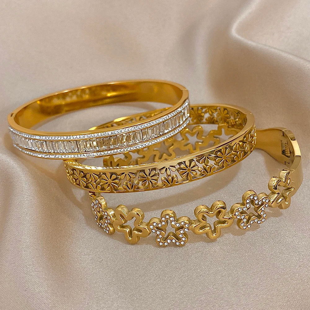 Retro Stainless Steel Hollow Flower Rhinestone Cuff Bangle Bracelet Women's Floral Waterproof Stackable Charms Jewelry Gifts