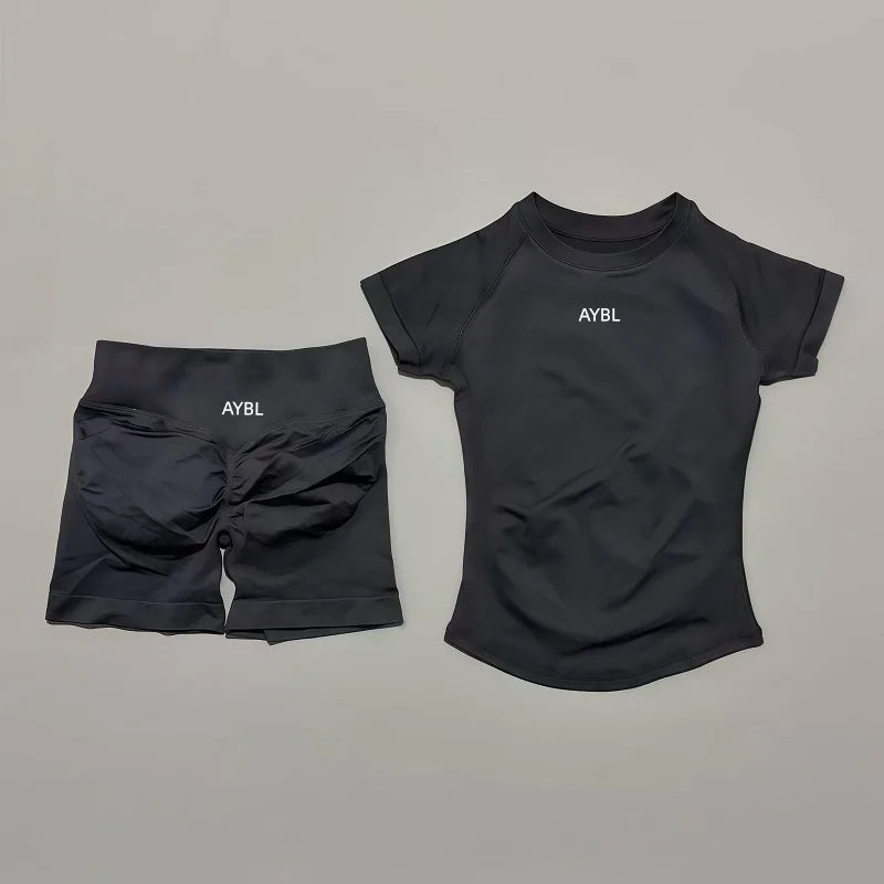 2 Pieces Sports Sets Short Sleeve Sculpt T Shirt Seamless Yoga Top Fitness Set Women