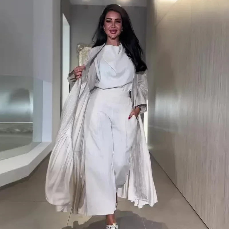 Muslim 2 Piece Set Women Long Coat Windbreaker Wide Leg Pants
