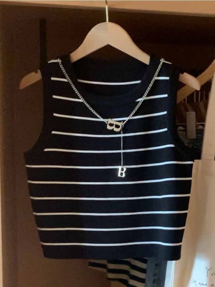 Sleeveless Knitted Striped Crop Tops 2026 Spring Summer Women Tank Tops Female Elastic Slim Casual Vests Color Blocking Camis