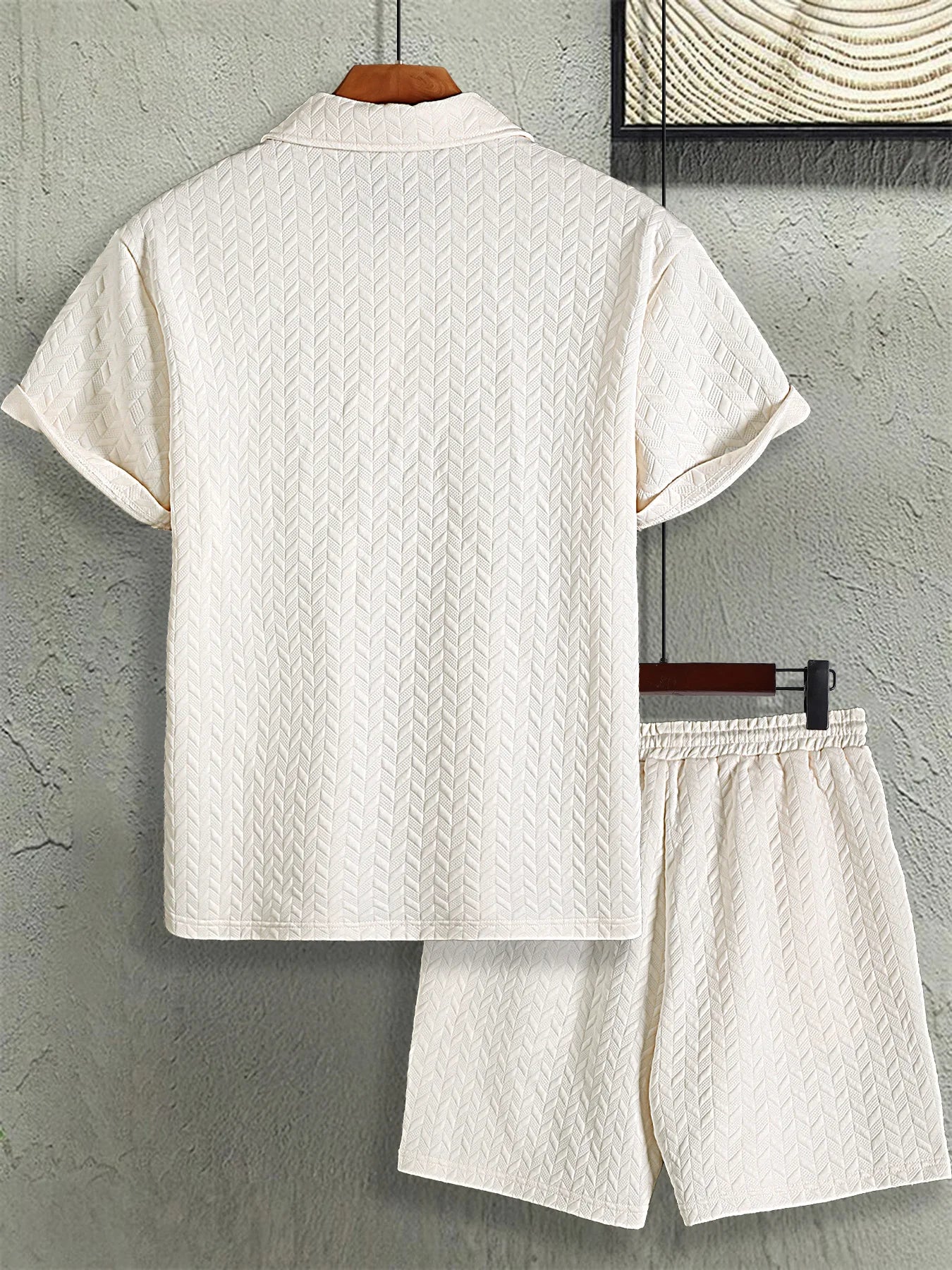 Men's Minimal Textured Set, Solid Color Jacquard Polo Shirt & Matching Shorts for Smart Casual Wear