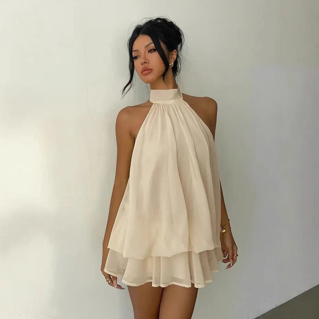 Women's Halter Neck Dress, Backless Tie-Front Chiffon Sheer Mini Skirt