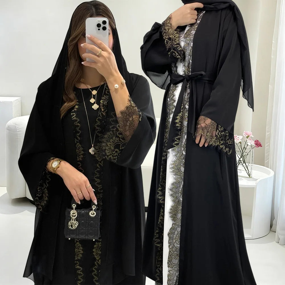 Abaya Headscarf 2 Piece Set Lace-up Cadigan Dubai
