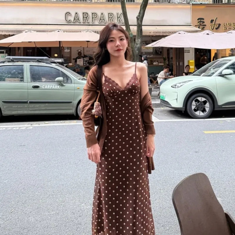 New Fashion Elegant Polka Dot V Neck Lace Patchwork Sleeveless Cami Backless Dress Summer Casual Commute Wear 2026