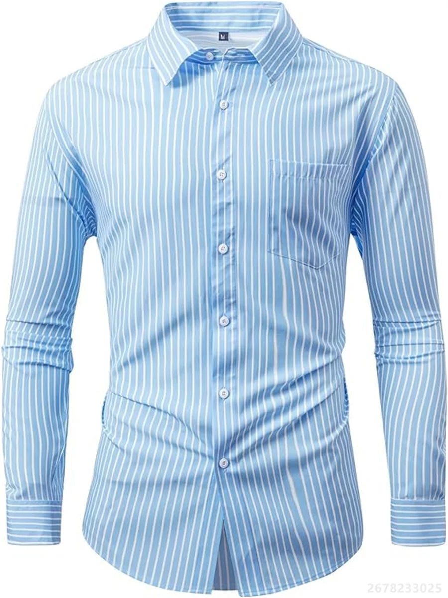 Men's shirts, long-sleeved lapel business formal button-down shirts, men's striped shirts, high-quality men's tops XS-6XL