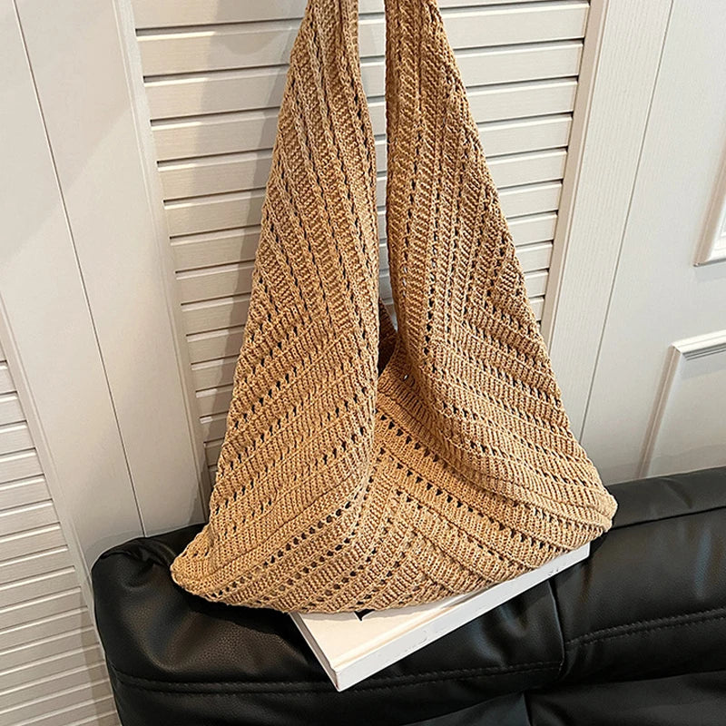 2024 Brand Women Tote Knitting Handbag Triangle Design Summer Woven Beach Bag Lightweight Elegant Portable Shoulder Purse