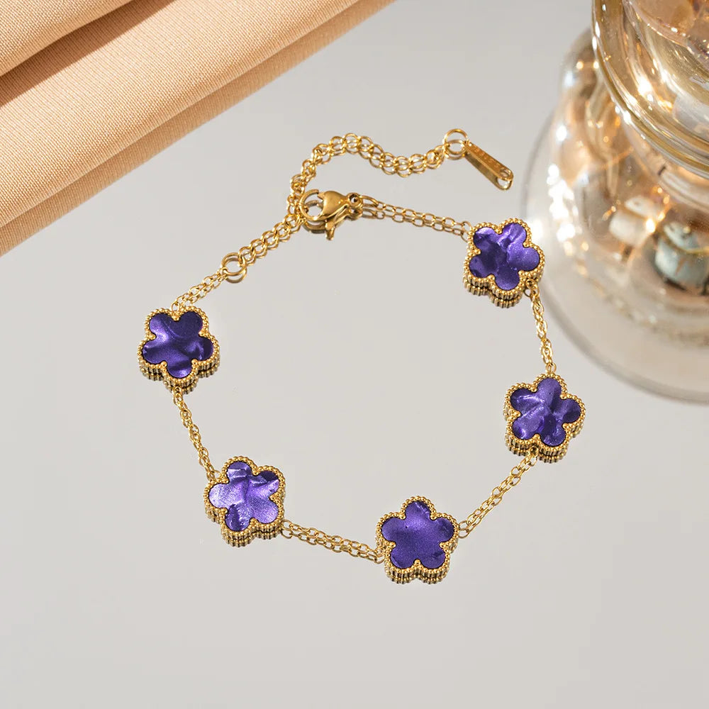 Double Sided Five-Leaf Flower Bracelet For Women Adjustable 18k Plated Gold Stainless Steel Five Point Star Clover Party Jewelry