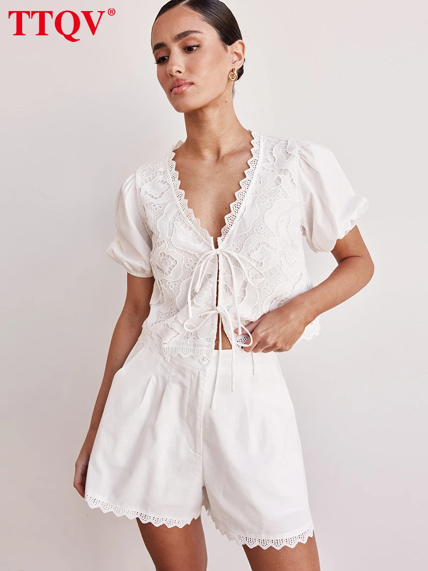 Summer Short Sleeve Shirt With High Waist Shorts Set Streetwear